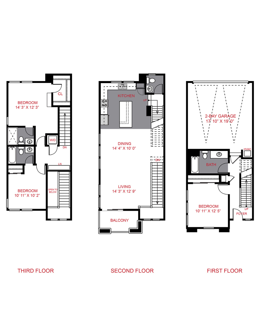 Floor plan for 3 beds, 3.5 baths, 1605 sqft